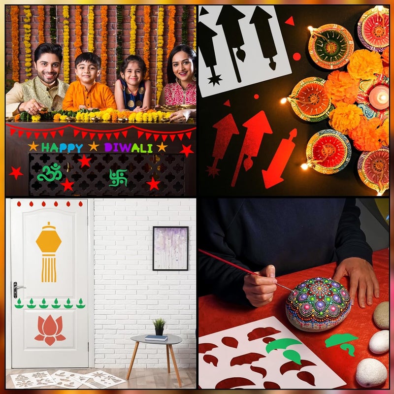 Watersay 6 Set Diwali Large Rangoli Stencil 11" x 11" Reusable Plastic Mandala Painting Stencil Indian Traditional Festival Painting on Wood Floor Wall Tile Fabric Furniture DIY Craft (Novel Style) - Image 5